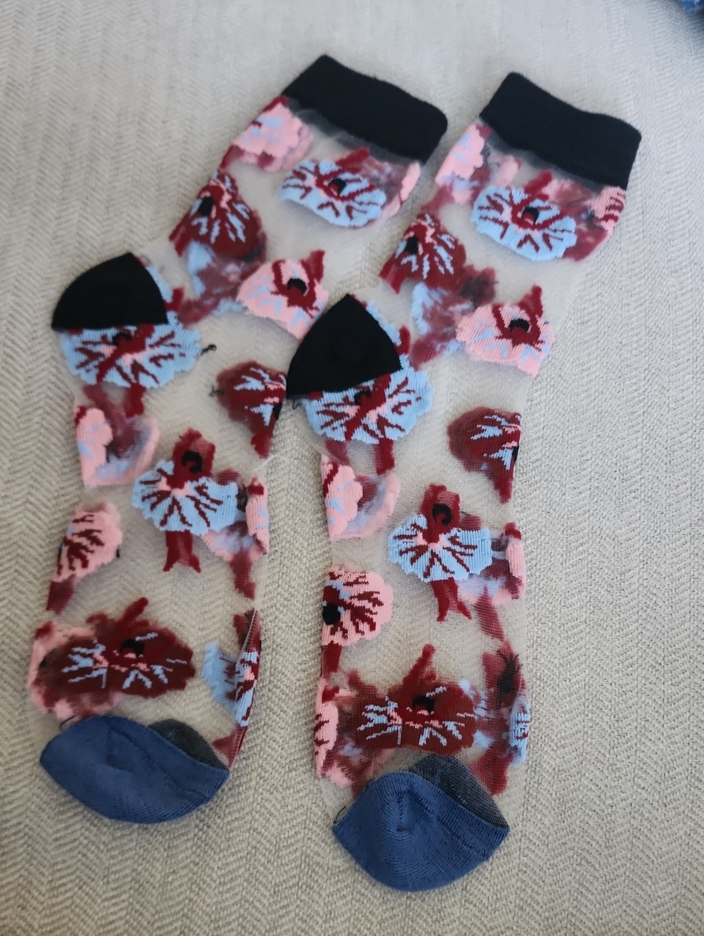 Sheer Floral Crew Socks - Pink, Burgundy & Light Blue
